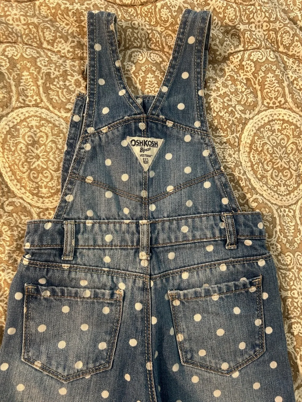OshKosh B'gosh White Polka Dot Denim Overalls, Size 2T